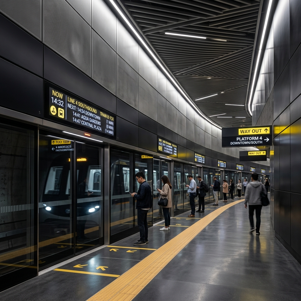 Painel de LED Unilumin integrado em estação de metrô moderna